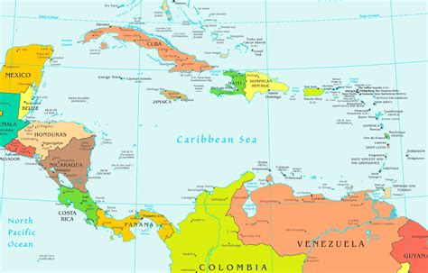Caribbean map. The Caribbean is the region in Central America which includes the Greater and Lesser Antilles which surround the Caribbean Sea and the Gulf of Mexico. The Caribbean is bordered by the Atlantic Ocean from the outside, and it host several small countries. The region stretches from Cuba to Trinidad drawing a 2500 miles long arch ...